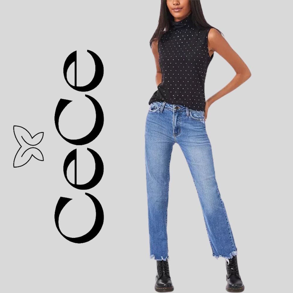 NWT CeCe Black Silver Studded Polka Dot Sleeveless Mock Neck Women’s Medium - Picture 3 of 3